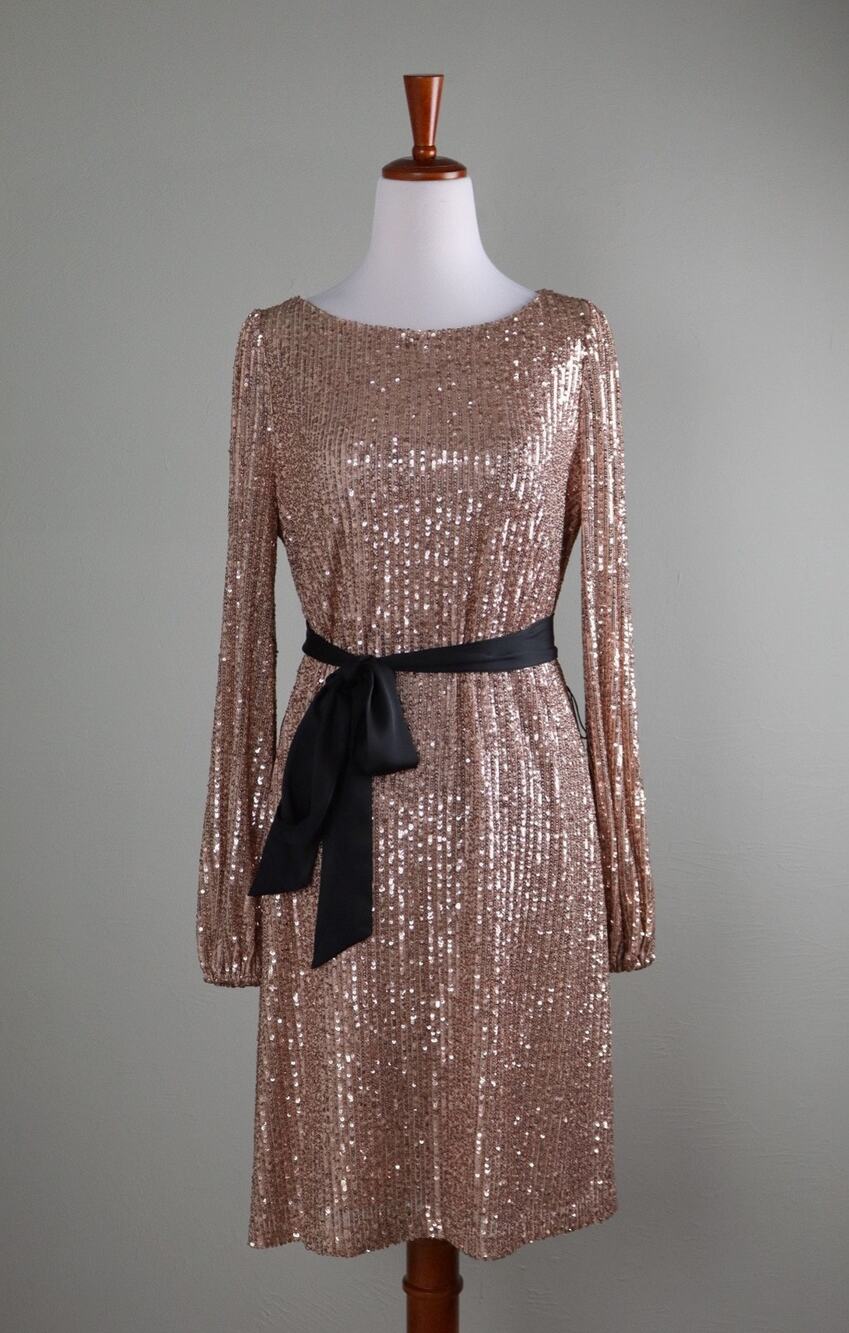 ANN TAYLOR NWT Gold Sequin Embellished Belted Lined Dress Size Small